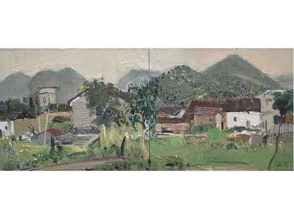 村庄风景油画