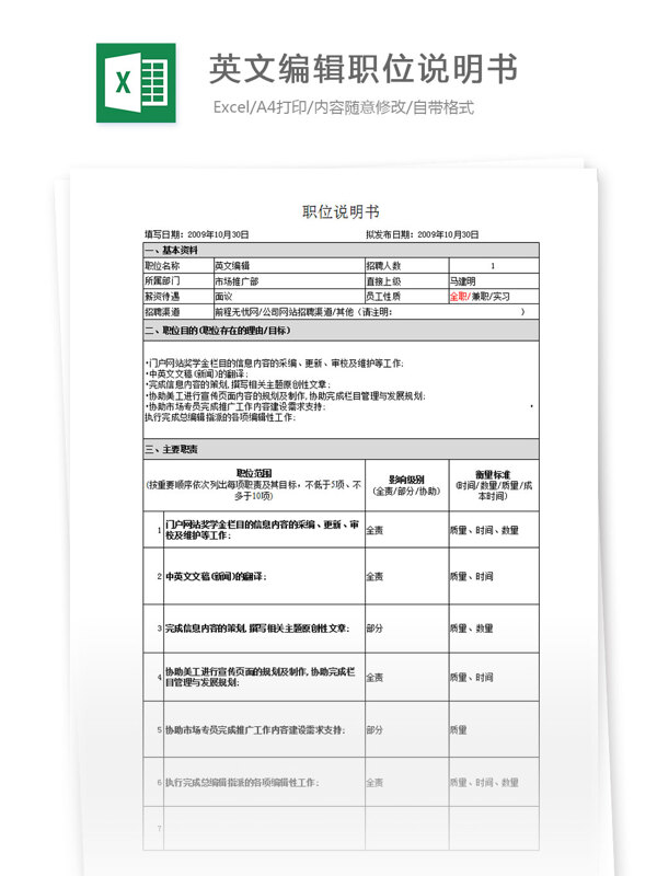 英文编辑职位说明书