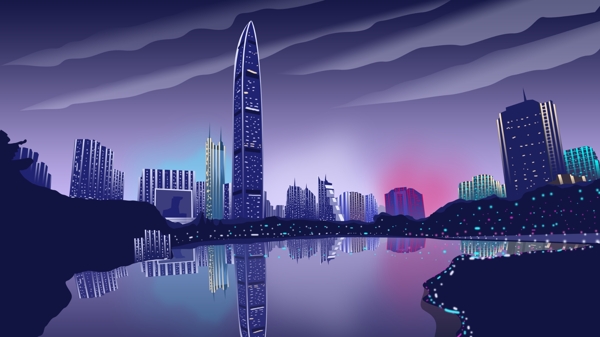 插画旁晚深圳城市现代化高楼景观
