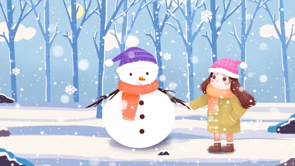 冬天雪景冬季雪人女孩插画