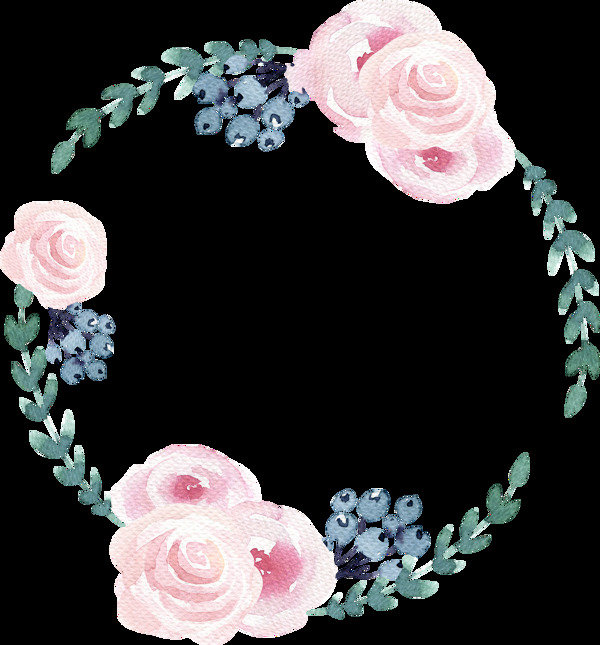 手绘水彩粉玫瑰大杯绿色叶子花圈透明装饰图