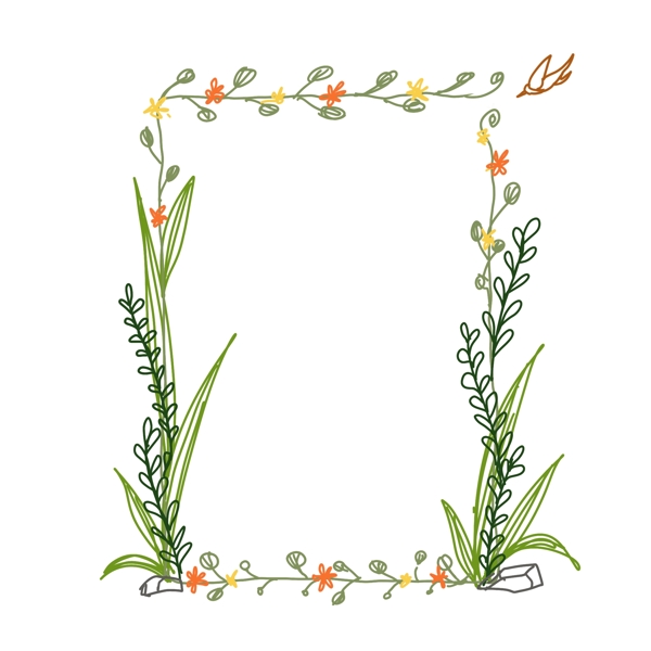 卡通手绘线性可爱清新自然春夏花鸟植物方形边框