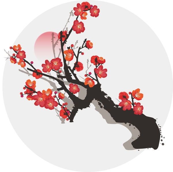 手绘中国风水墨花卉植物梅花红梅花朵元素