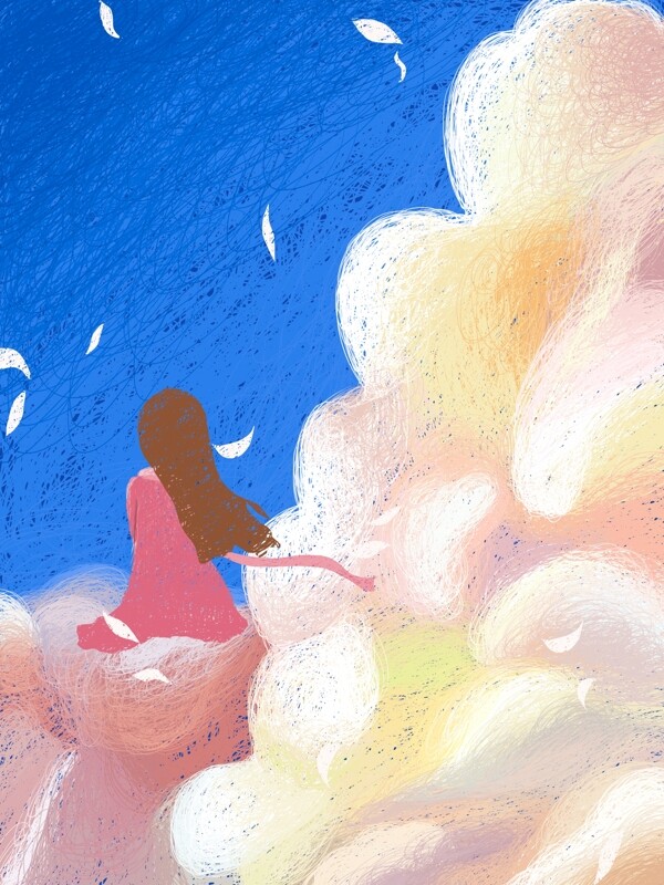 唯美治愈系线圈画坐在云上的少女插画