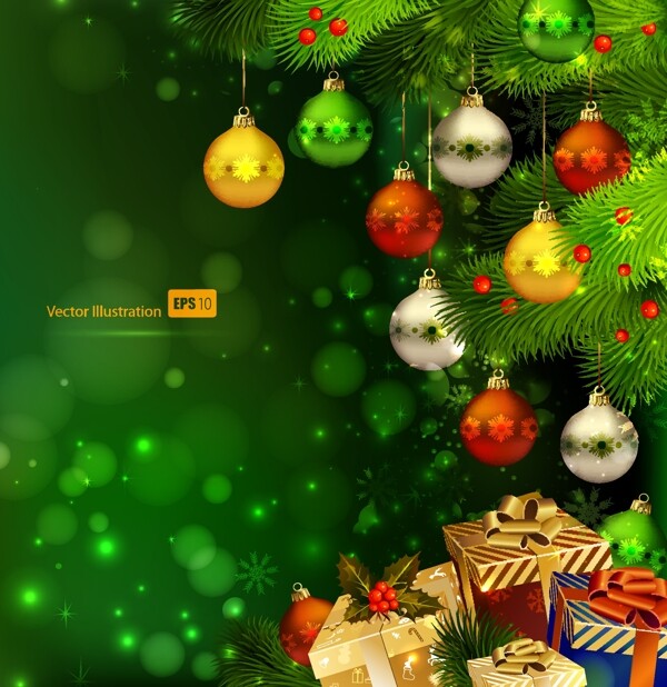 圣诞礼盒松树枝绿色梦幻背景图片