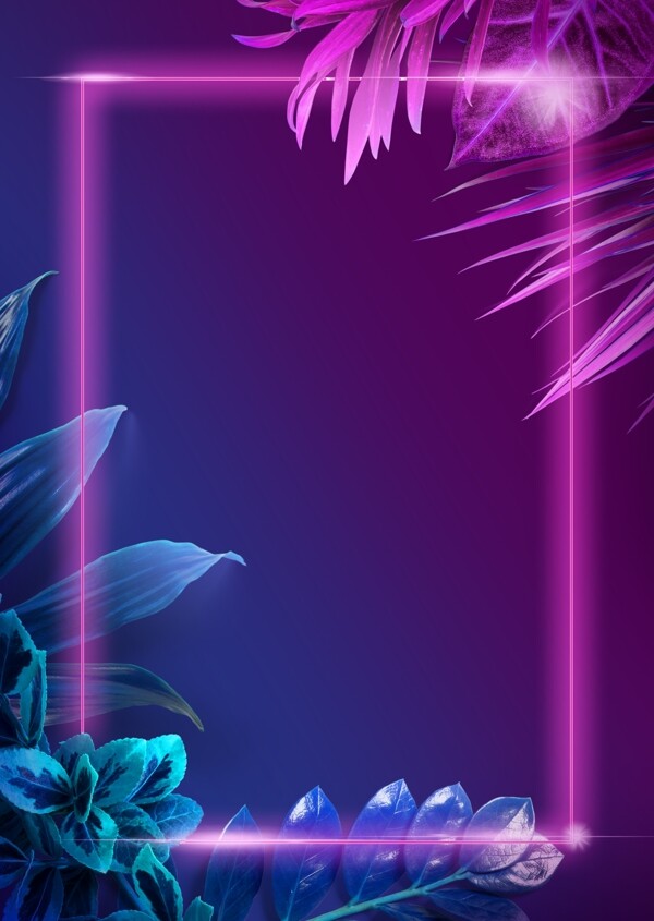霓虹发光热带植物方框光线背景图片