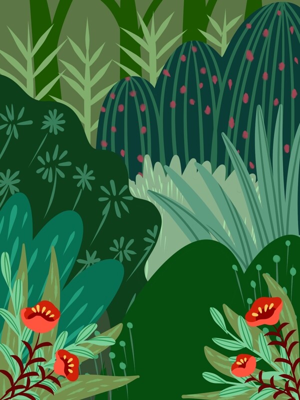 手繪綠色植物風(fēng)景背景
