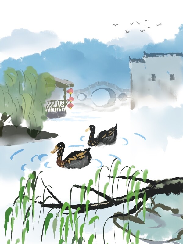 水墨彩绘中国风春江水暖鸭先知江南水乡