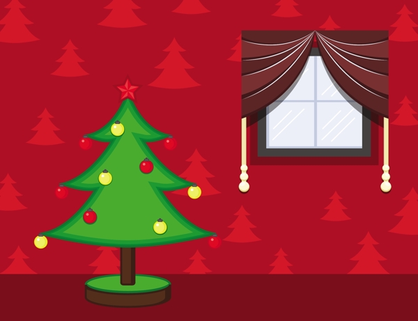 卡通背景的圣诞节庆祝活动的房间装饰树