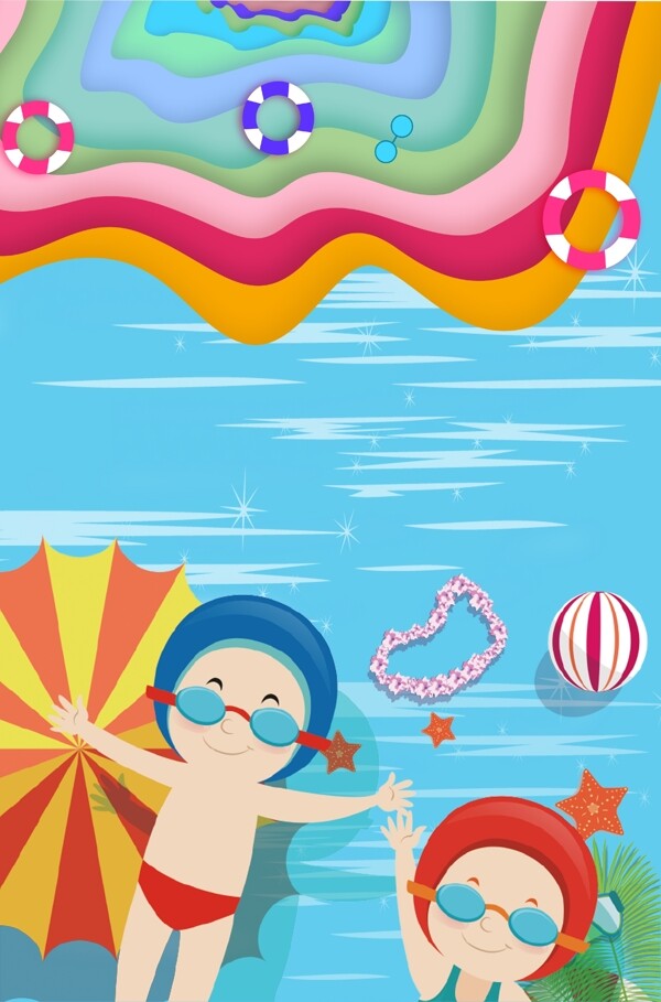 蓝色清新简约手绘游泳夏季广告背景