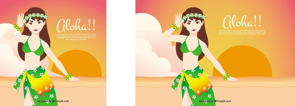 在日落海滩上的夏威夷女孩背景
