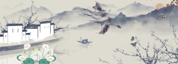 中國風荷花banner背景圖