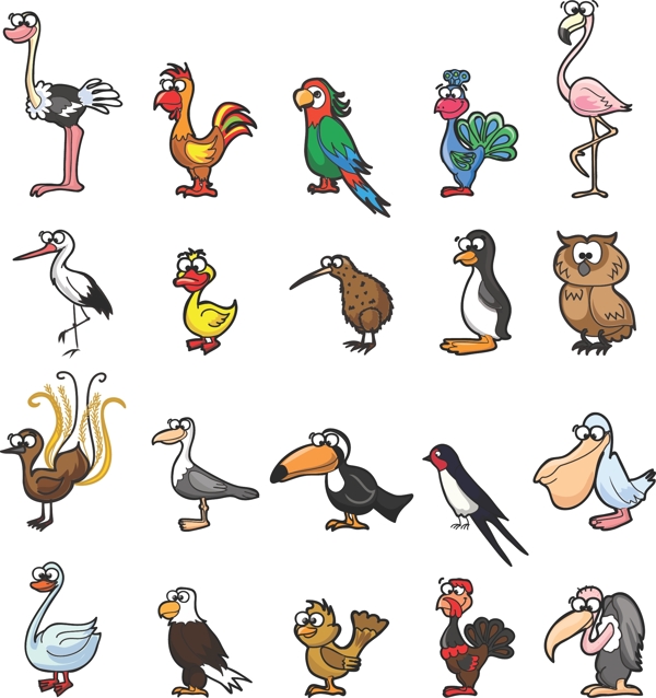 手绘卡通版各种鸟类
