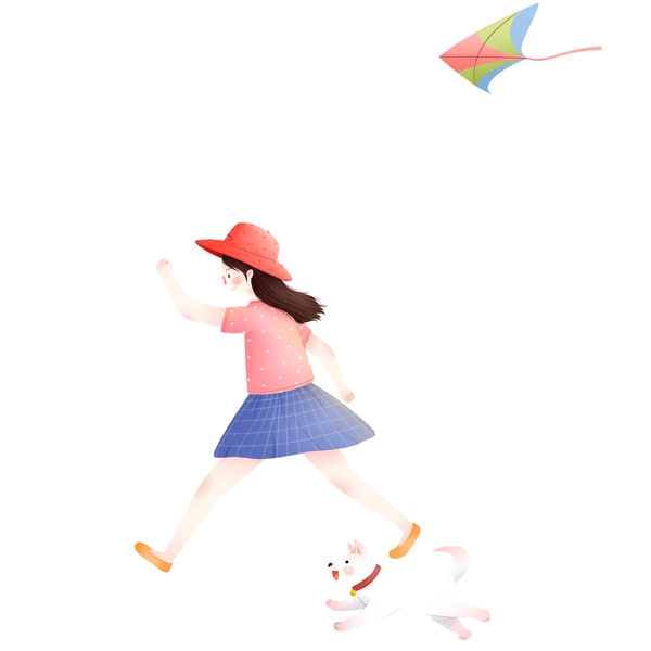 卡通小清新春分放风筝和遛狗的女孩