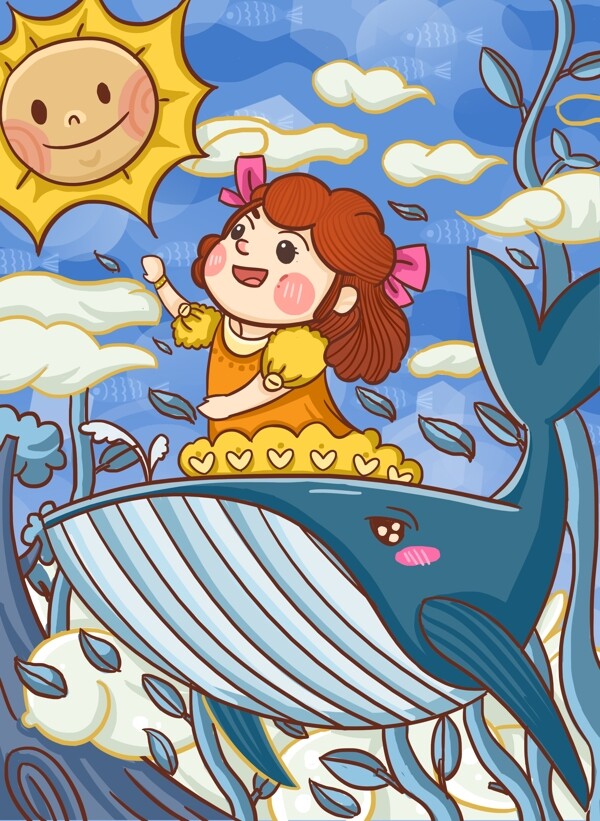 勾线儿童画风鲸鱼背上的小女孩