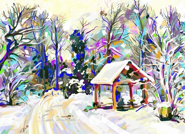 冬天美丽雪景油画