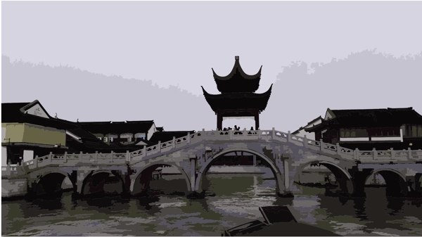 中国风亭台拱桥水墨风格
