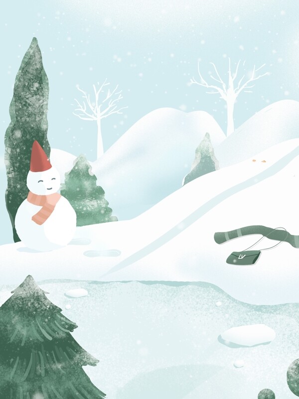 手绘冬季雪地雪人背景设计