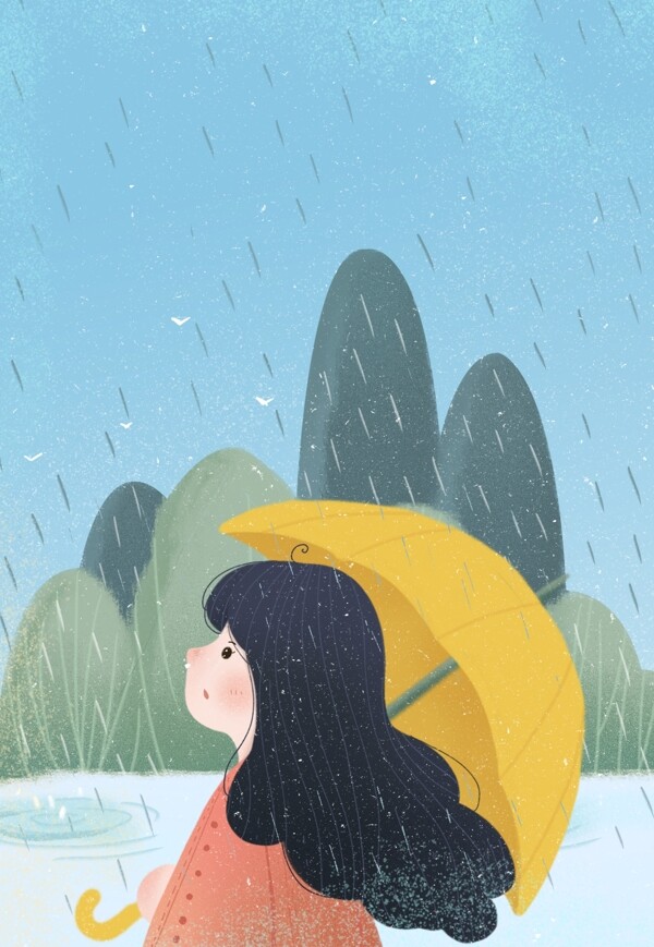 文艺清新可爱少女雨天撑伞背景
