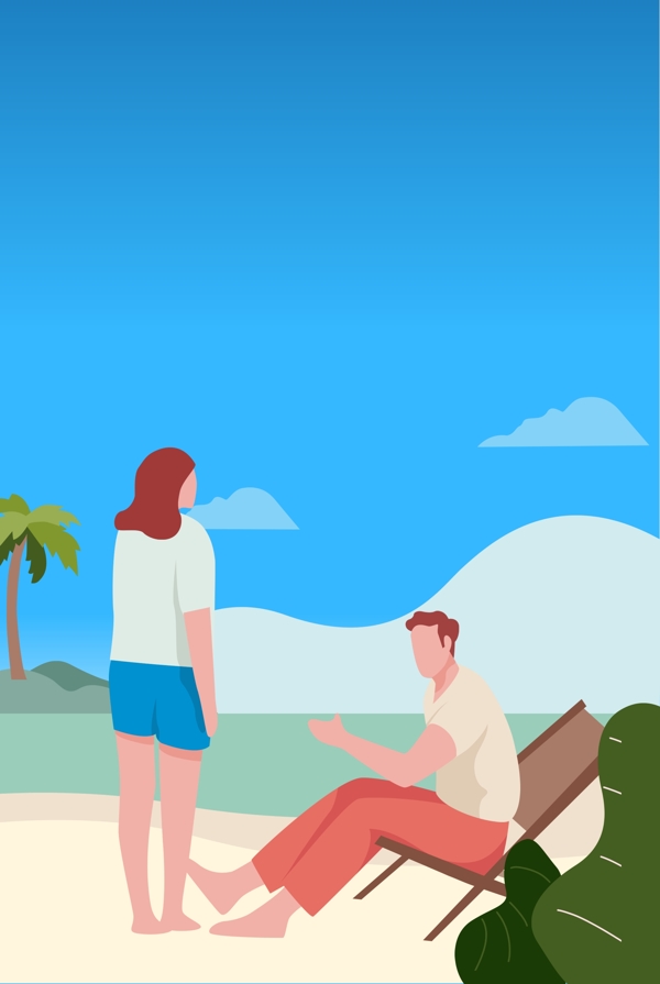 卡通扁平彩色人物夏季沙滩活动海报背景