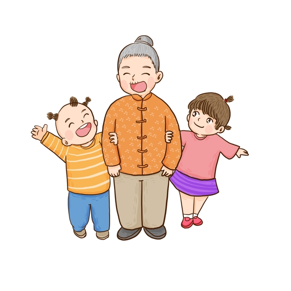 小孩和奶奶開心大笑卡通元素