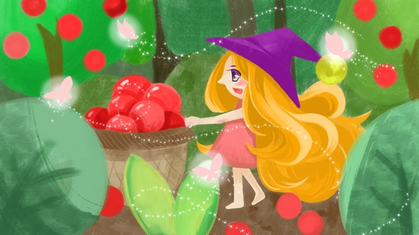原创手绘插画森林里的小女巫和她的果子