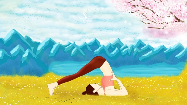 健身户外瑜珈卡通人物暖色系风景插画系列9
