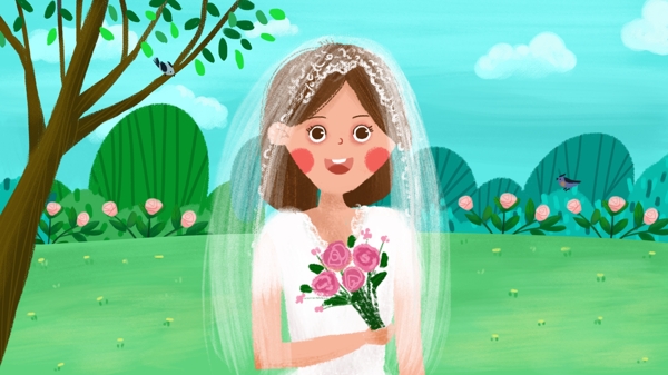可爱小清新漂亮新娘草坪婚礼手绘插画