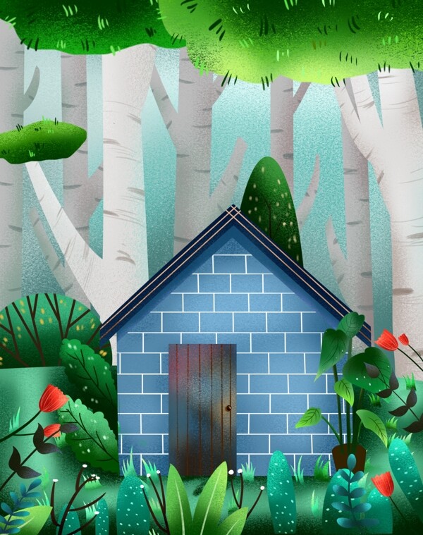 清新夏季树林中的小屋背景设计