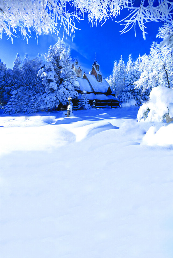 积雪覆盖的小屋影楼摄影背景图片