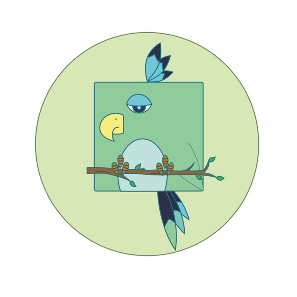 趣味卡通扁平化方形动物鹦鹉形象插图元素