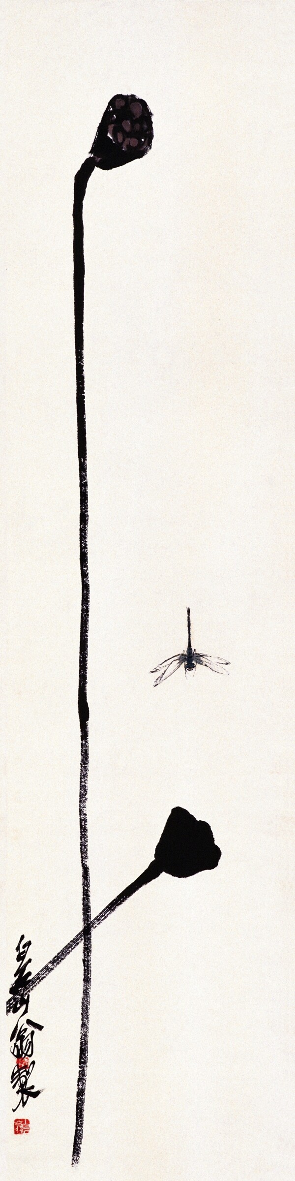 手绘黑色莲子蜻蜓植物动物毛笔装饰画