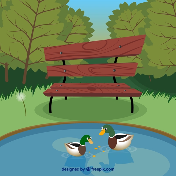 公园里有板凳和鸭子在湖里