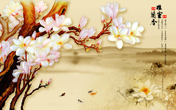 桃花装饰叶子背景墙