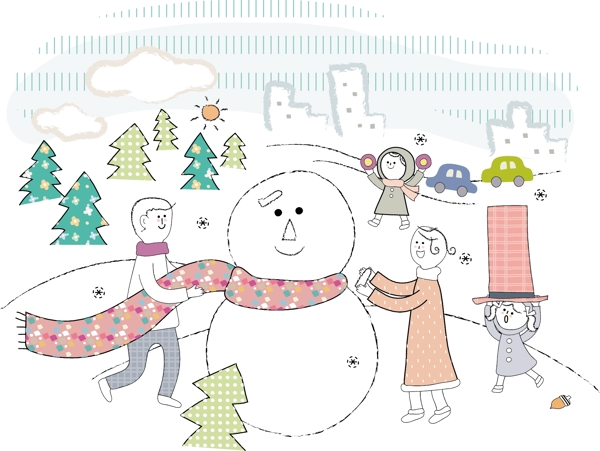 堆雪人的孩子插畫