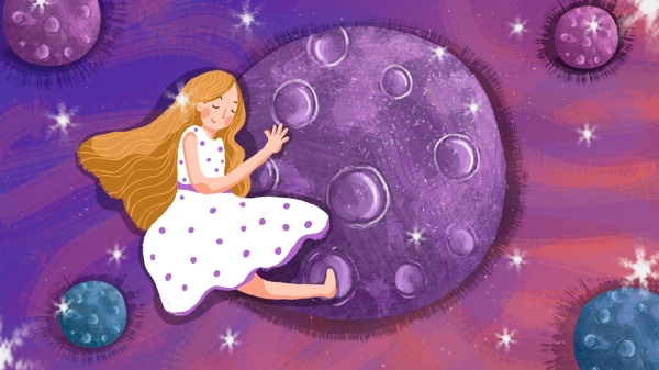 人类月球日彩色儿童卡通手绘插画