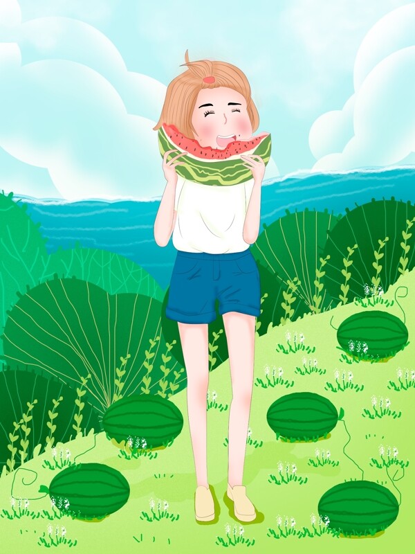 立夏之吃西瓜的女孩扁平风插画