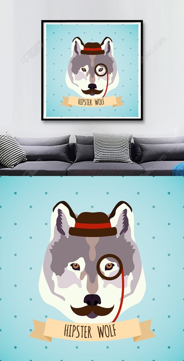 方图卡通动物头像戴帽子的狗装饰画