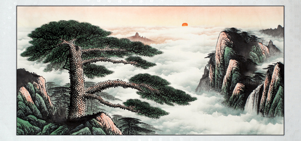 國(guó)畫(huà)迎客松圖片