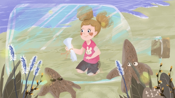 原创插画漂流瓶女孩
