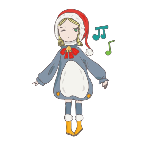 圣诞节卡通手绘穿企鹅服女孩