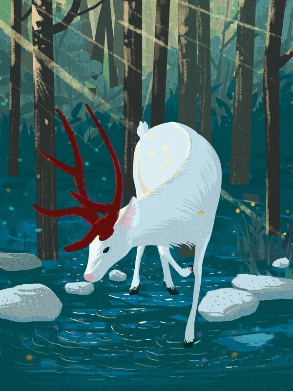 林深时见鹿插画治愈系饮水的白鹿