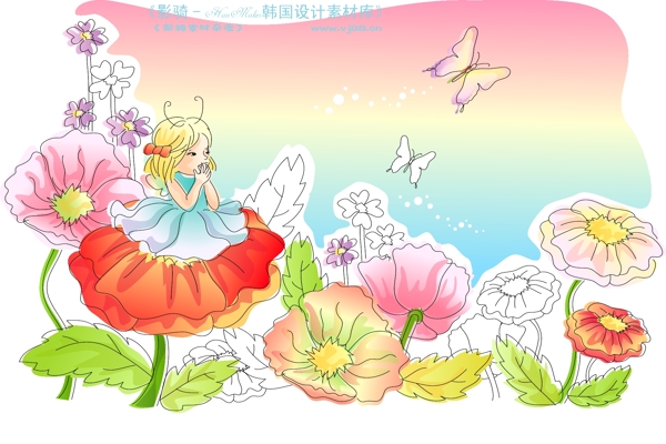 兒童線條插畫小孩游玩卡通童話韓國花紋時(shí)尚花紋底紋矢量素材矢量圖片HanMaker韓國設(shè)計(jì)素材庫