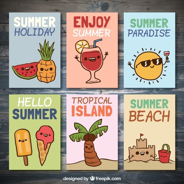 6款彩绘夏季度假卡片矢量素材