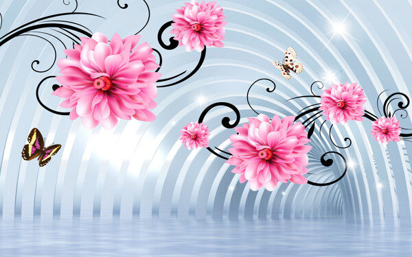 波浪装饰花卉背景墙
