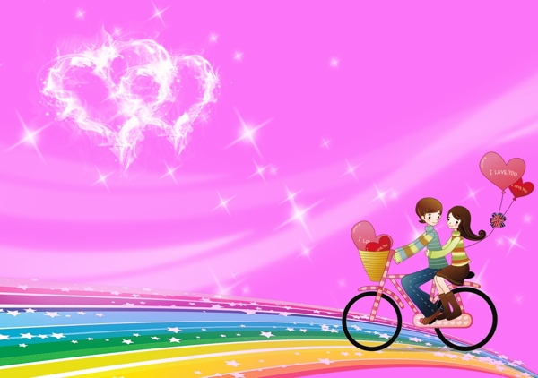 粉红爱心唯美浪漫自行车情侣图片