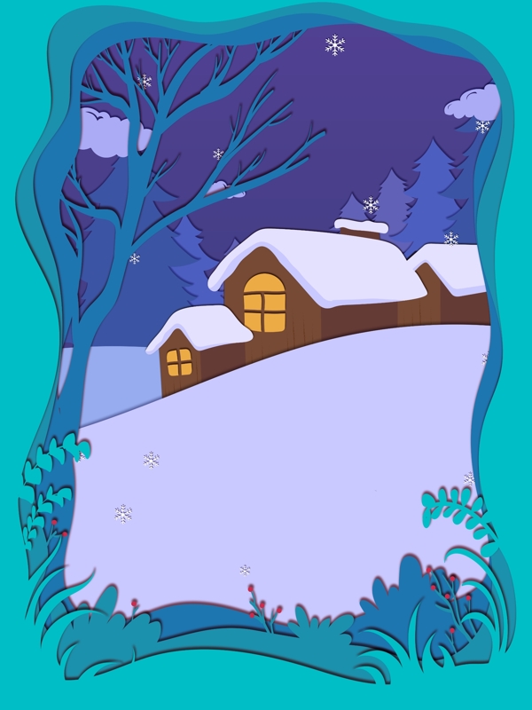 剪纸风冬季雪地小屋背景设计