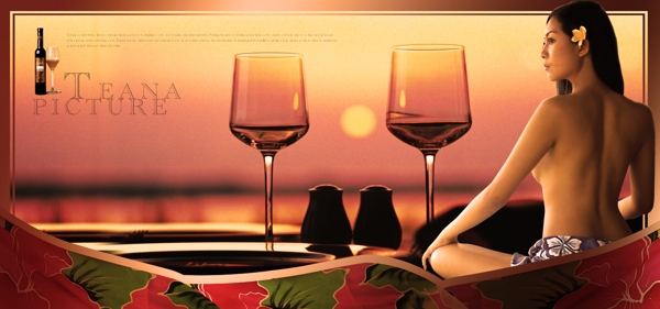 红酒与美人沙发健康海景落日图片