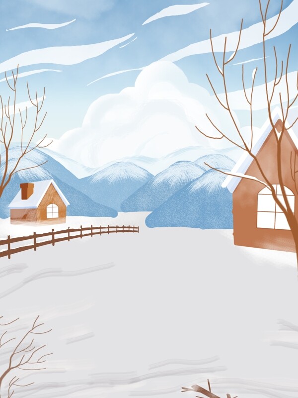 手绘冬季雪地远山背景设计