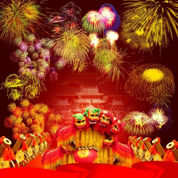 煙花舞獅素材圖片